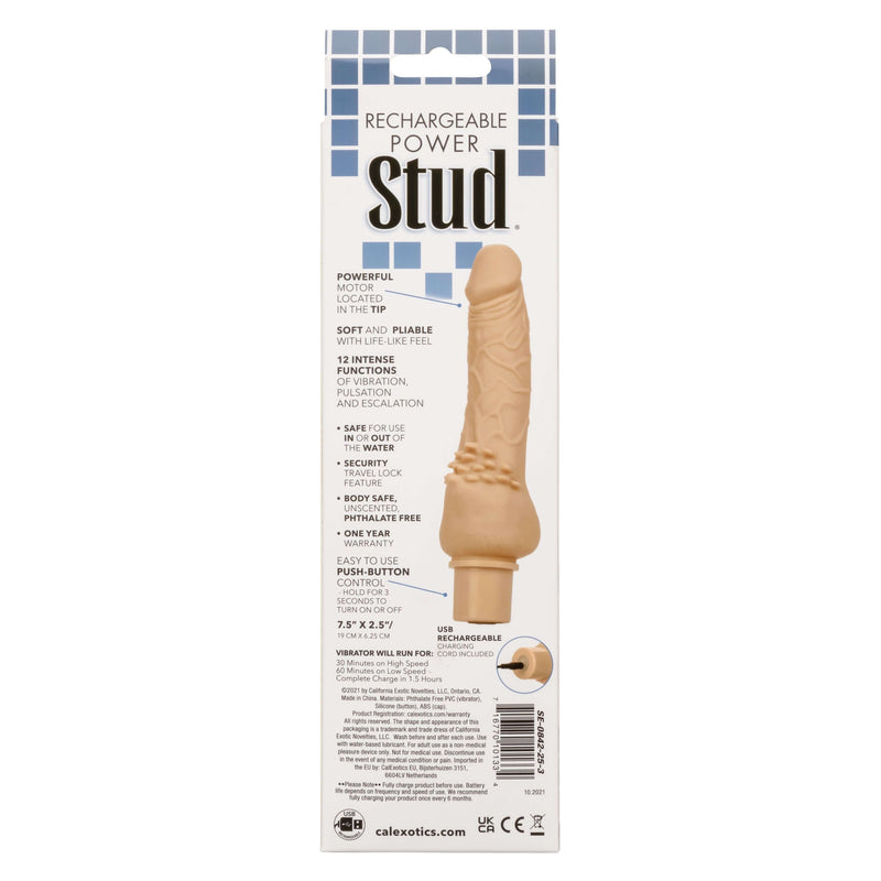 Rechargeable Power Stud Cliterrific Silicone Vibrating Dildo packaging showcasing features and specifications.