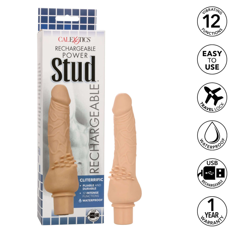 Rechargeable Power Stud Cliterrific silicone vibrating dildo with 12 functions and waterproof design for ultimate pleasure.