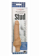 Rechargeable Power Stud Cliterrific Silicone Vibrating Dildo in packaging, featuring a realistic design and multiple vibration functions.