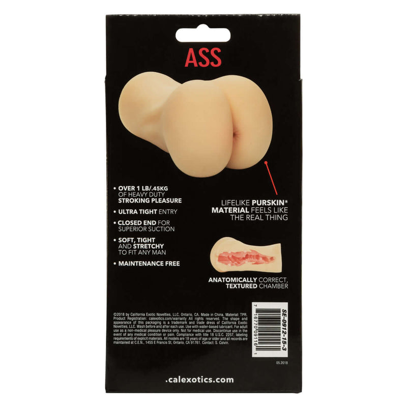 Packaging of Califorina Exoctics Stroke It Ass Masturbator showing lifelike design and features