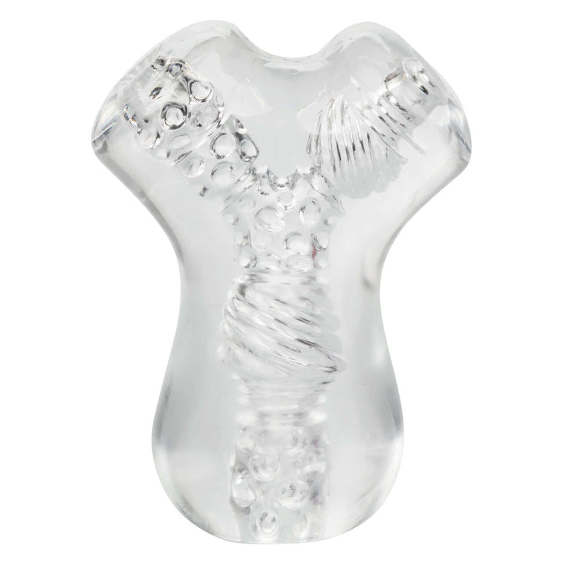 Cyclone Dual Chamber Stroker in clear design, featuring innovative textures for enhanced pleasure and easy grip functionality.