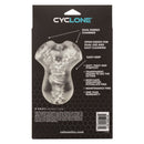 Cyclone Dual Chamber Stroker packaging, showcasing transparent design, easy grip, and dual use features for enhanced pleasure.