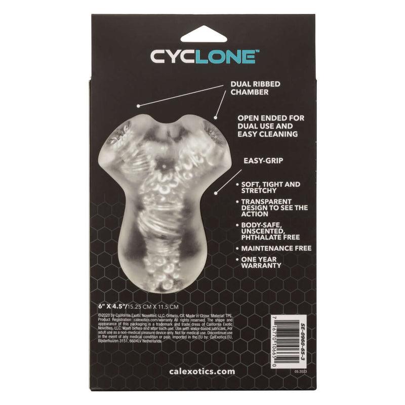 Cyclone Dual Chamber Stroker packaging, showcasing transparent design, easy grip, and dual use features for enhanced pleasure.
