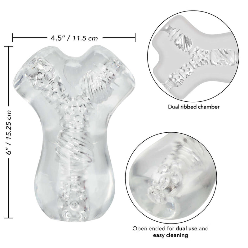 Cyclone Dual Chamber Stroker - clear, ribbed design, open-ended for easy cleaning, 6 inches long by 4.5 inches wide.