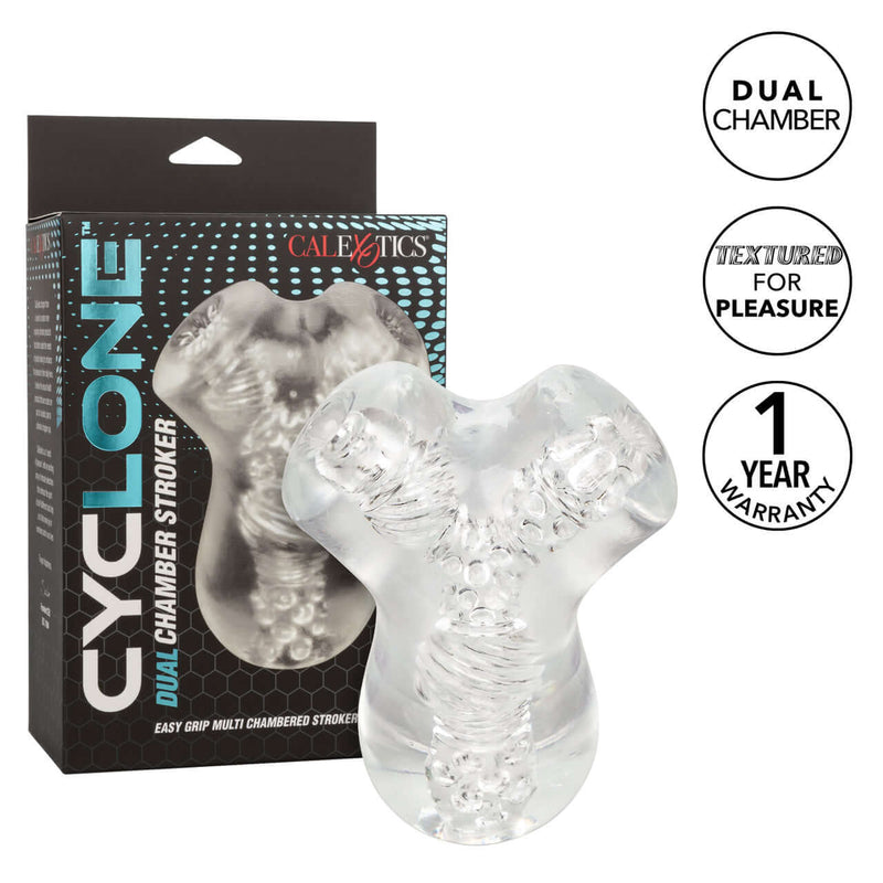 Cyclone Dual Chamber Stroker by California Exotic Novelties, clear, textured design for enhanced pleasure, easy grip.