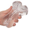 Clear Cyclone Dual Chamber Stroker held in hand, designed for enhanced pleasure and comfort.
