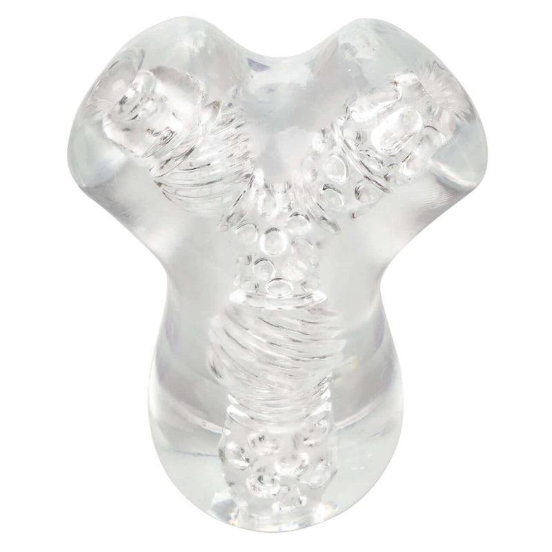 Cyclone Dual Chamber Stroker in clear design, featuring innovative textures for enhanced pleasure and control.