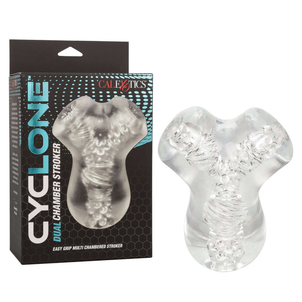 Cyclone Dual Chamber Stroker by California Exotic Novelties in clear design, featuring easy grip and innovative pleasure features.