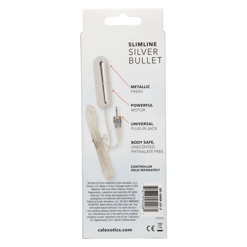 Sterling Collection SlimLine Silver Bullet back packaging showing metallic finish, powerful motor, and universal plug-in jack.