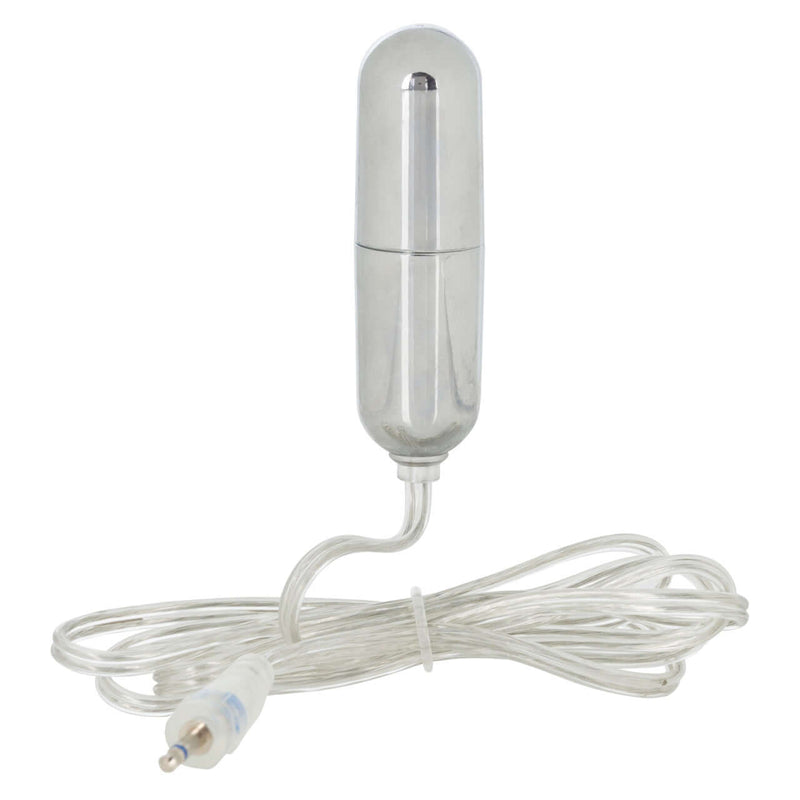 Sterling Collection Silver SlimLine Bullet with attached cord, designed for customizable pleasure experiences.