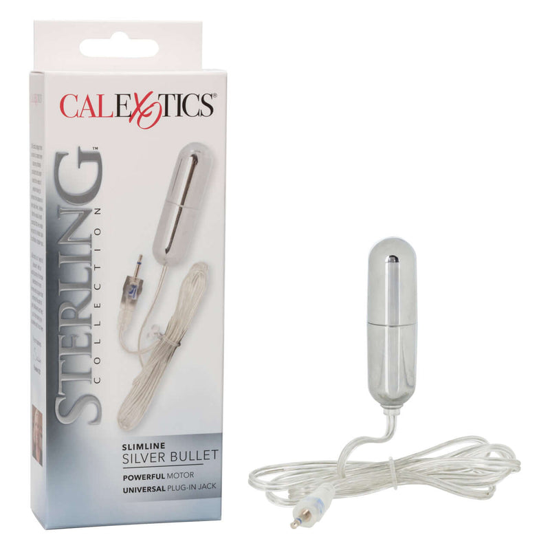 Sterling Collection SlimLine Silver Bullet by California Exotic Novelties, featuring a powerful motor and universal plug-in jack.