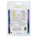 Glow In The Dark Pocket Exotics Vibrating Egg packaging with product features and ergonomic controller from California Exotic Novelties