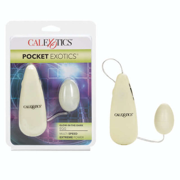 Glow In The Dark Pocket Exotics Vibrating Egg in packaging with multi-speed remote by California Exotic Novelties