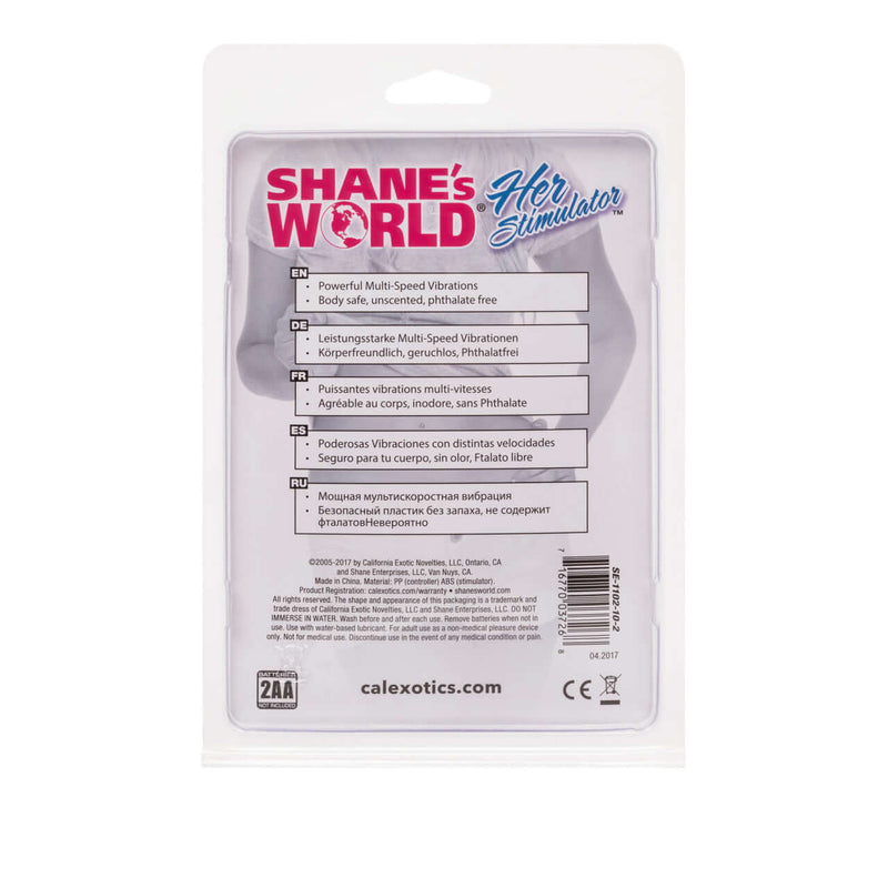 Packaging of Shane's World Her Vibrating Stimulator by CalExotics, highlighting multi-speed vibrations and phthalate-free material.