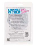 Shanes World His Stimulator Vibrating Cock Ring Blue packaging with product features and descriptions.