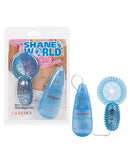 Shanes World His Stimulator Vibrating Cock Ring Blue packaging with multi-speed vibrating bullet and stretchy enhancement ring.