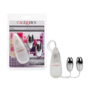 Pocket Exotic Double Bullet Vibrator Silver packaging and product with dual bullets for multi-speed stimulation.