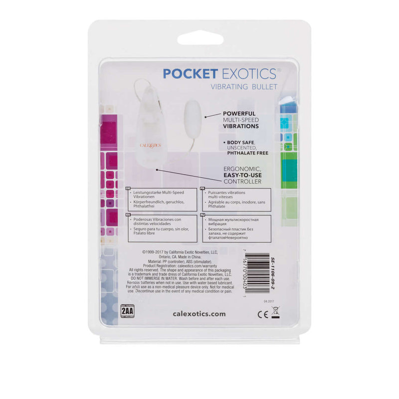 Packaging for Pocket Exotics Ivory Bullet Vibrator by California Exotic Novelties showing multi-speed and body-safe features