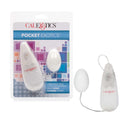Pocket Exotics Egg Vibrator Ivory in packaging with multi-speed control and vibrating egg showcased.
