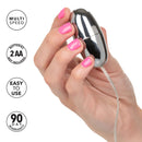 Hand holding a Slim Teardrop Bullet Vibrator Clear with multi-speed options and usage instructions.