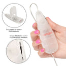 Slim Teardrop Bullet Vibrator Clear showing multi-speed dial and battery compartment for customized stimulation.