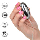 Bulk Slim Teardrop Bullet Vibrator Purple held in hand with multi-speed settings, easy to use, and 90-day warranty information.