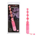 Waterproof Vibrating Pleasure Anal Beads Pink in packaging showcasing flexible design and multi-speed features.