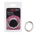 Silver Cock Ring Medium in packaging, a universal, strong metal ring designed for enhanced intimate performance.
