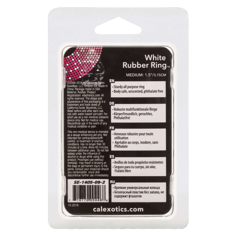 Packaging of California Exotic Novelties White Rubber Ring Medium Erection Enhancer with multilingual product details.