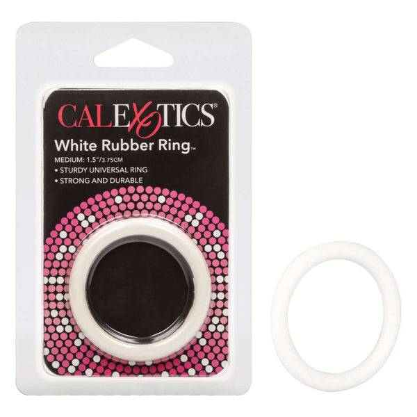 Medium white rubber ring by California Exotic Novelties in packaging, designed for durability and pleasure enhancement.