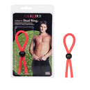 Julians Stud Ring Red Adjustable in packaging with a model, showcasing its stretchy and comfortable design.