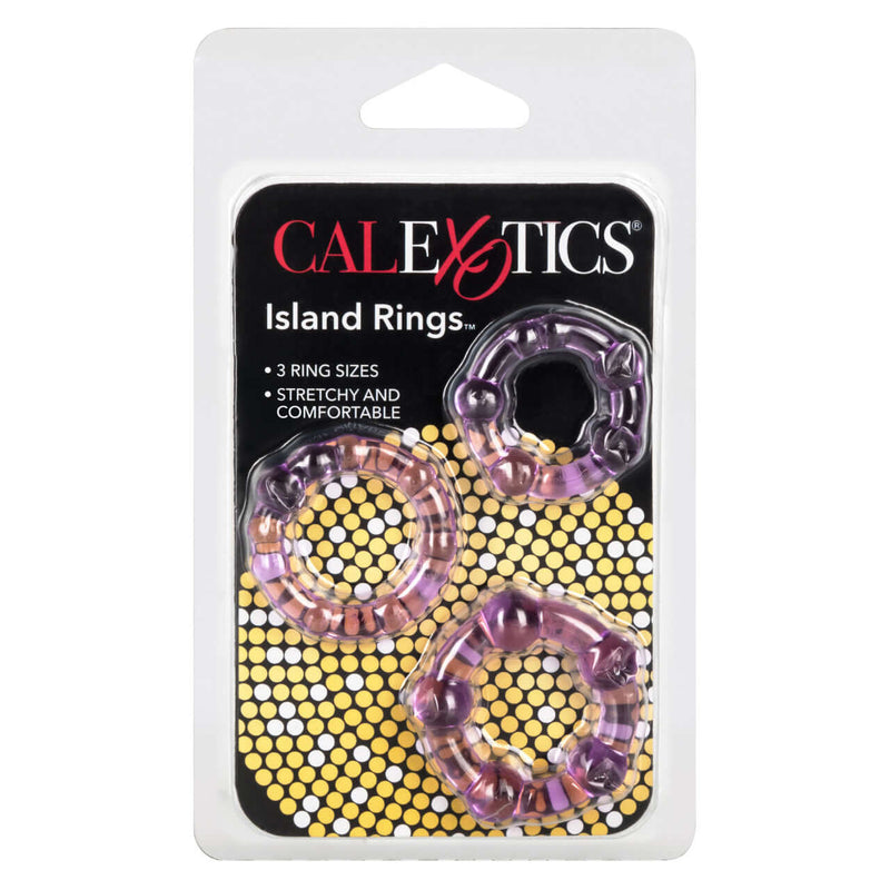 Island Rings Purple Set - Trio of Stretchy Cock Rings in packaging by California Exotic Novelties