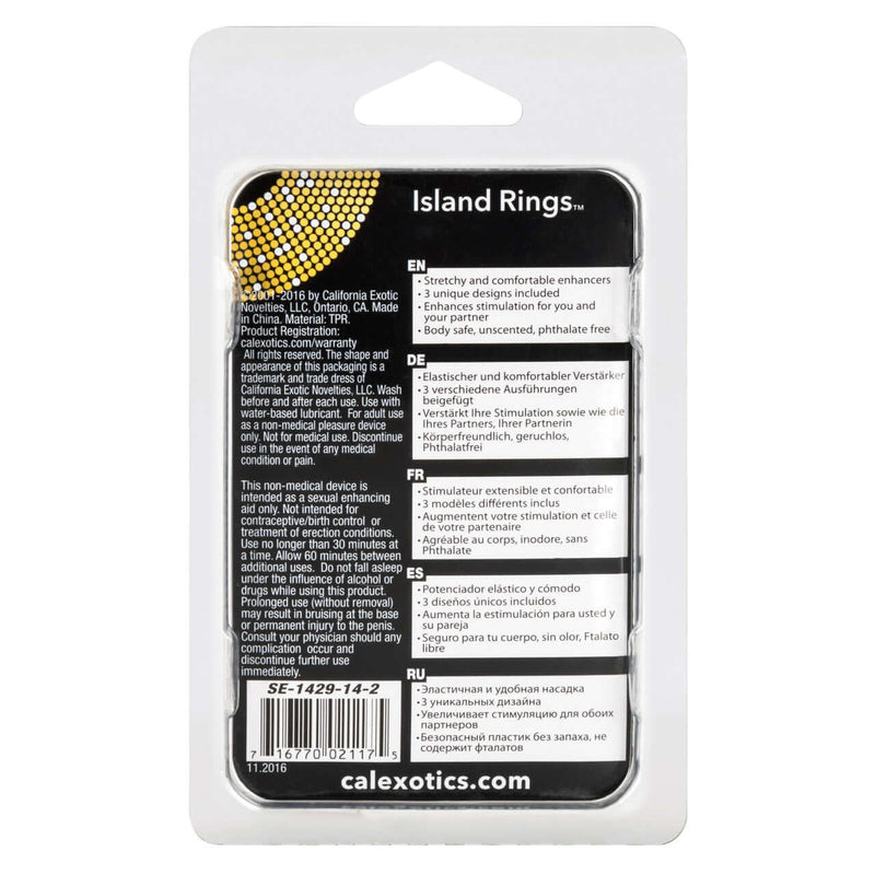 Island Rings Purple Set packaging by California Exotic Novelties showing product description and features in multiple languages.