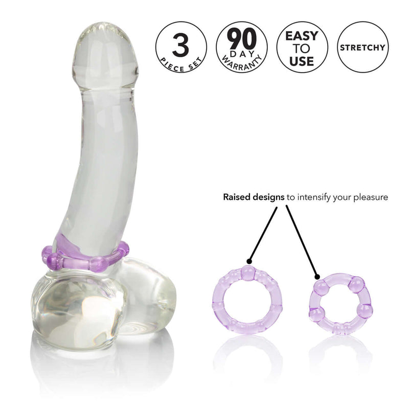 Island Rings Purple Set - Trio of Stretchy Cock Rings by California Exotic Novelties for enhanced stamina and pleasure.