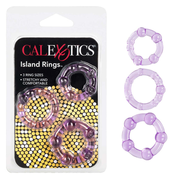 Island Rings Purple Set - Trio of Stretchy Cock Rings by California Exotic Novelties in small, medium, large sizes for enhanced performance