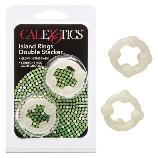 Island Rings Double Stacker Glow-in-the-Dark Cock Rings package and rings by CalExotics. Stretchy and comfortable for enhanced pleasure and stamina.