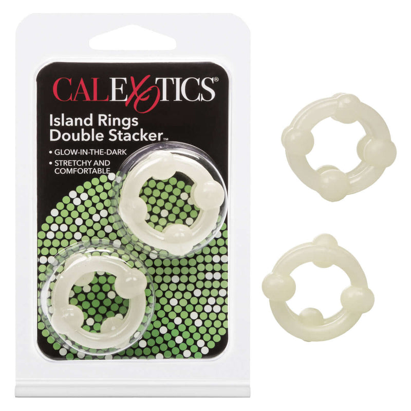 Island Rings Double Stacker Glow-in-the-Dark Cock Rings package and rings by CalExotics. Stretchy and comfortable for enhanced pleasure and stamina.