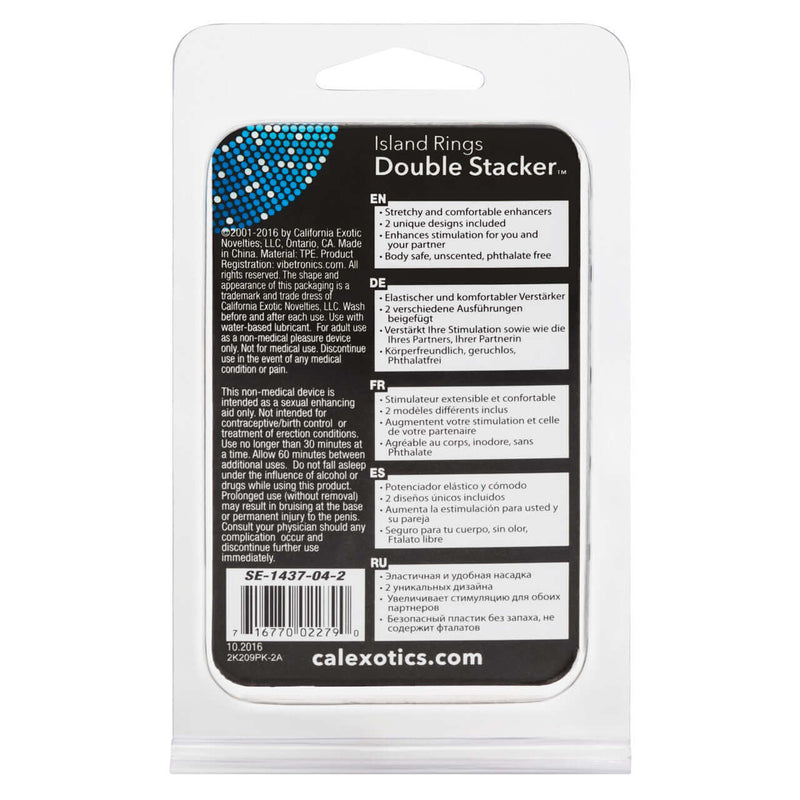Packaging of Island Rings Double Stacker Ring with product features in multiple languages.
