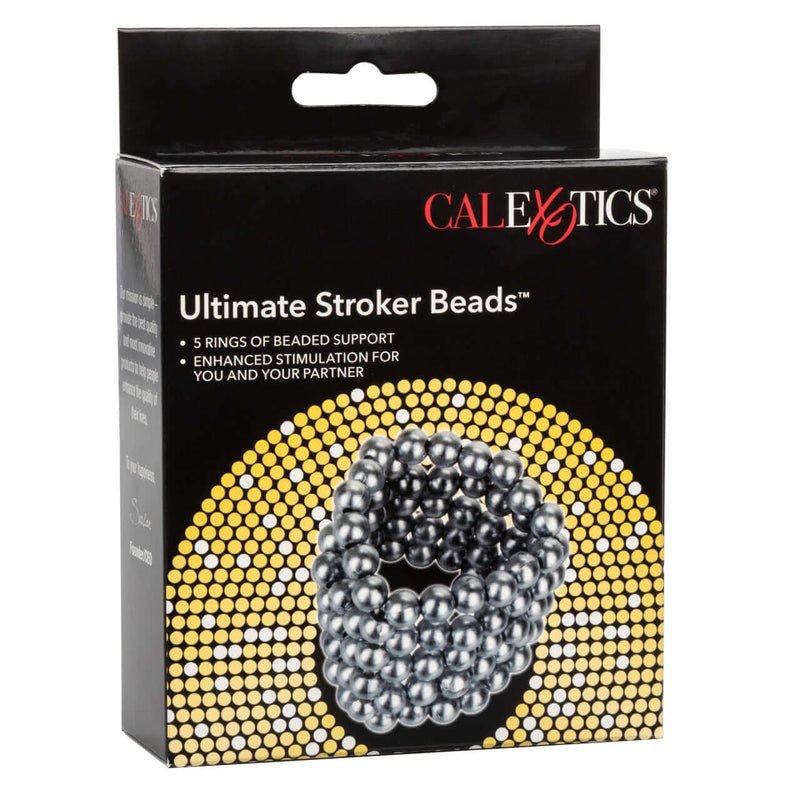 Ultimate Stroker Beads packaging displaying Erection Enhancement Ring with 5 rows of smooth stimulating beads for intense pleasure.