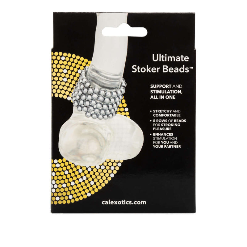 Ultimate Stroker Beads Erection Enhancement Ring with 5 rows of beads packaging from California Exotic Novelties.