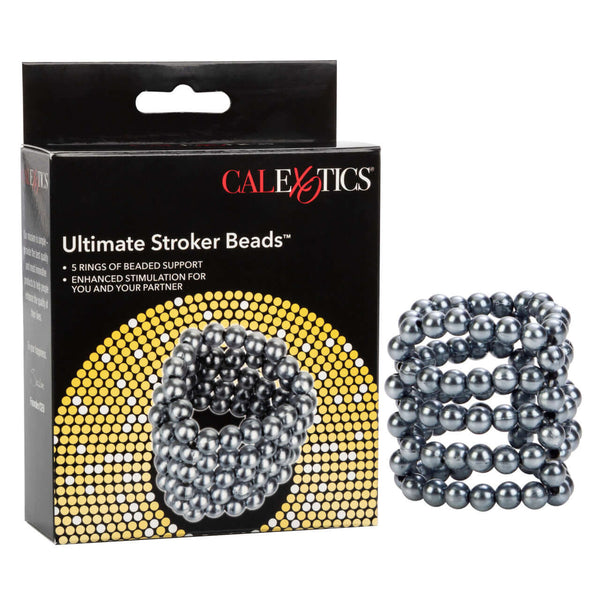 Ultimate Stroker Beads Erection Enhancement Ring with 5 rows of Beads shown in packaging by California Exotic Novelties