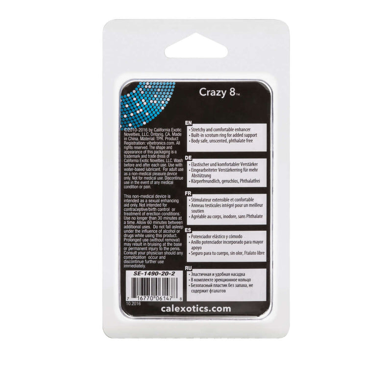 Back packaging of Crazy 8 Ring Red Cock Ring by CalExotics, showcasing product details and specifications in multiple languages.
