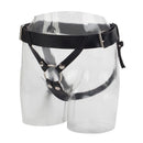 Love Rider Premium Ring Harness Adjustable Strap-On Black displayed on a mannequin torso, showcasing adjustable straps and ring design.