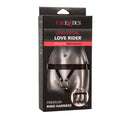 Love Rider Premium Ring Harness Adjustable Strap-On Black product packaging showing adjustable fit and design features.