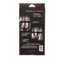 Love Rider Premium Ring Harness Adjustable Strap-On Black packaging showing adjustable features and dual buckle design.