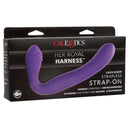 Her Royal Harness Rechargeable Love Rider Strap On Purple packaging showing strapless design and features.