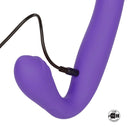 Her Royal Harness Rechargeable Love Rider Strap On Purple charging with USB cable for hands-free stimulation.