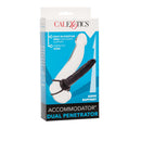 Accomodator Dual Penetrator Black packaging showcasing dual-pleasure design and support features.