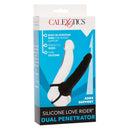 Packaging of the Silicone Love Rider Dual Penetrator Black featuring built-in scrotum ring for added support.