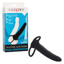 Silicone Love Rider Dual Penetrator Black, featuring a built-in scrotum ring for added support.